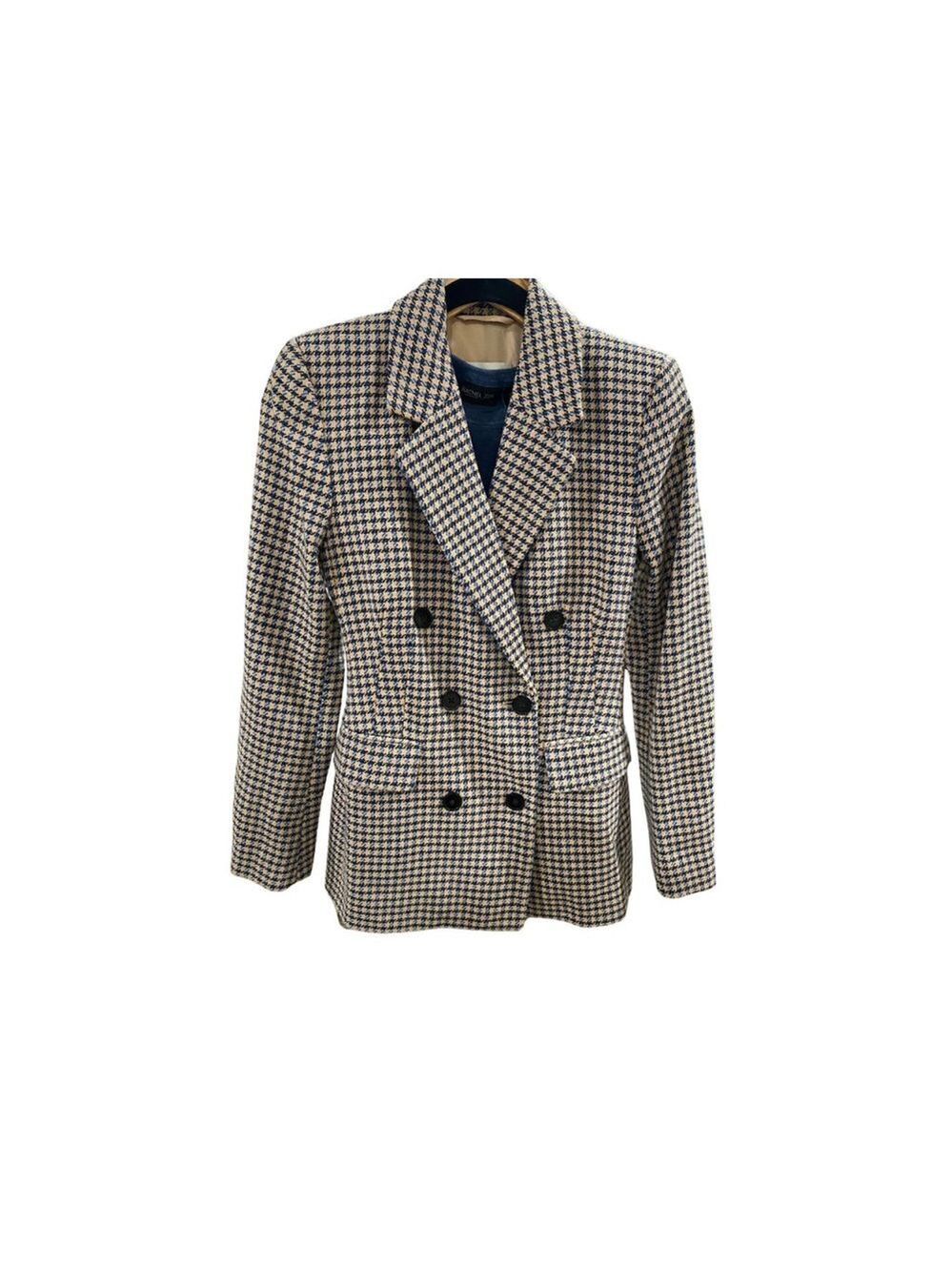 M&S Beige/Blue Houndstooth Double Breasted Blazer - Size 6 (EUC)